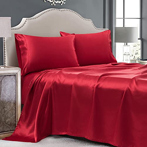 Cobedzy 4 Pcs Red Satin Sheets Full Size Silk Satin Bedding Sheets Set with 1 Deep Pocket Fitted Sheet, 1 Flat Sheet, 2 Pillowcase