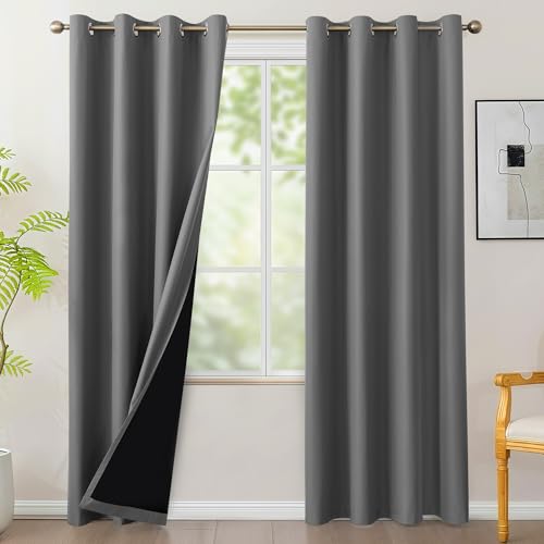Bonzer 100% Blackout Curtains Thermal Insulated - Grey Light Blocking Grommet Window Drapes 95 Inches Long, Privacy Protection Single Layer with Black Laminated Backing for Bedroom, 2 Panels