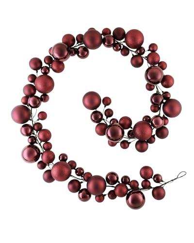 Burgundy Bauble Tree Garland – 9 ft Christmas Decoration with 84 Baubles in Mixed Finishes
