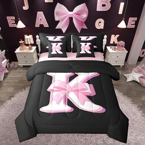 jejeloiu Kids Girls Black Pink Bow Comforter Set with Sheets King Size Monogrammed 7 Piece Bedding Set Personalized Initial K Bed in a Bag with Comforter,Sheets,Pillowcases Modern Fashion Bed Set