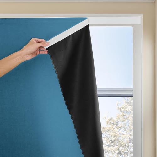 "JILRON Adhesive Curtain 100% Blackout No-Drill Easy Install for Bedroom Blinds Light Blocking (Dark Blue-35 W x 84"" L-1P)"
