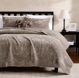 WDCOZY Velvet King Size Quilt Set - Brown Taupe Tan Camel Striped Pick Stitch Soft Lightweight Bedspread, Channel Farmhouse Country Rustic Coverlet, Modern Bedding Warm Thin Comforter, 3 Pieces