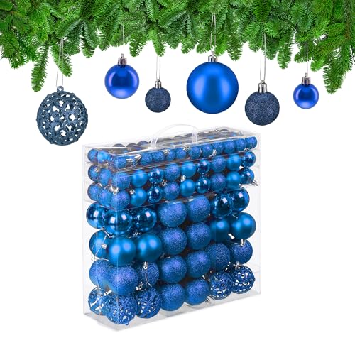 Relaxdays Christmas Baubles Set of 150, Glittering, Matt & Shiny Surfaces, Tree Ornaments, Plastic, ∅ 3, 4 & 6 cm, Blue