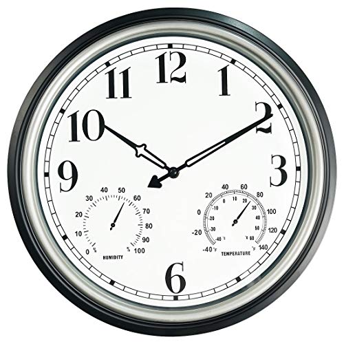 SecreShow 16 Inch Large Indoor Outdoor Wall Clock,Waterproof Non-Ticking Clock with Thermometer and Hygrometer Combo,Battery Operated Clock Wall Decorative- Silver
