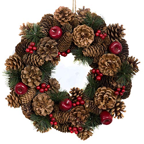 GreenBrokers Premium Quality Christmas Hanging Wreath 37cm - Festive Pine Cone Display with Red Berries, D1225