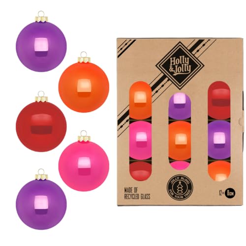 Holly & Jolly Party Time Christmas Baubles, Pack of 12 - Glass Christmas tree baubles, approx. 8 cm, Christmas tree decorations in purple, orange, red and pink, shiny
