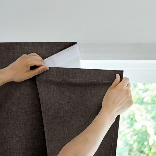JILROIN Self Adhesive Curtains,100% Blackout Window Cover,No Drilling,Easy to Install,Provides Privacy Protection for Bedrooms (Dark Coffee - W35 ?? L60 in)