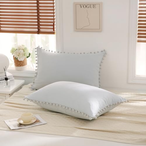 Light Gray Pom Poms Pillowcases, Standard Queen Pillow Cases Set of 2, 100% Washed Microfiber,Pale Gray Ball Fringe Pillow Cover, 2 Pack (Queen, Grayish)