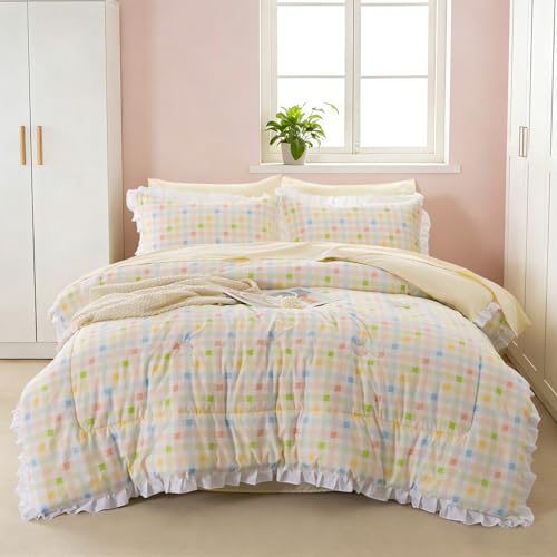 Btargot Full Pastel Rainbow Checkered Comforter Set for Girls Kids, 5 Pieces Plaid Ruffle Bedding SetBedding Set, Bed in a Bag with Comforter, Sheets and Pillowcases