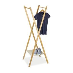 Relaxdays Clothes Stand made of Bamboo, Size: 155.5 x 50 x 57.5 cm Wardrobe Coat Hanger w/Practical Shoe Rack Shoe Shelf Space-Saving for Garments Laundry Clothing with 2 Wooden Rails, Natural Brown