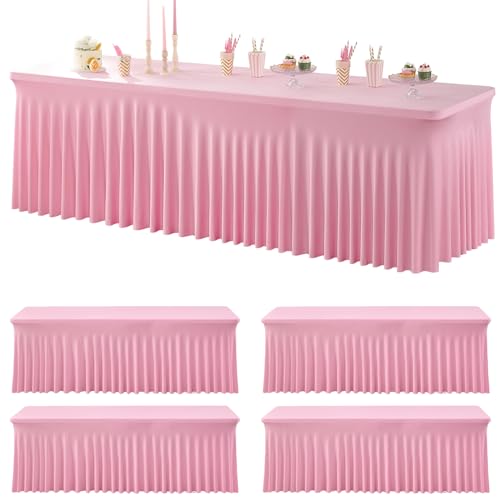 4 pk Spandex Tablecloths for 8 Foot Rectangle Tables, Pink Stretch Table Cloth 8ft Fitted Tablecover Desk Skirt for Parties Weddings Birthday Banquet Baby Shower