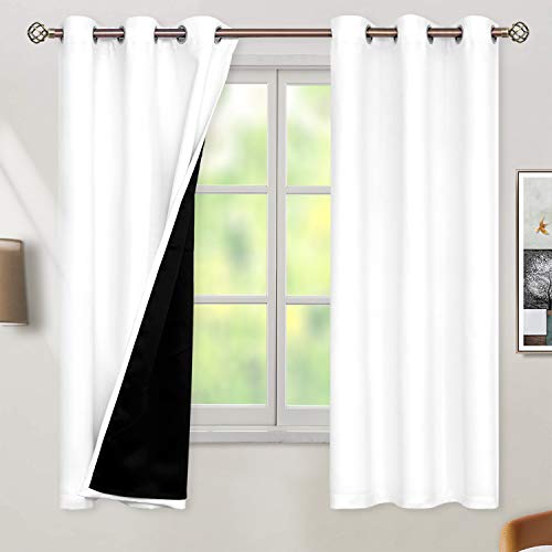 BGment Thermal Insulated 100% Blackout Curtains for Bedroom with Black Liner, Double Layer Full Room Darkening Noise Reducing Grommet Curtain (38 x 63 Inch, Pure White, 2 Panels)