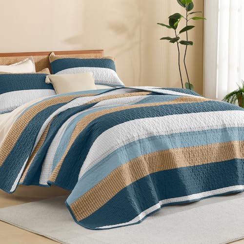 "Litanika King Size Quilt, 3 Pcs Green and Orange Stripe Bedding Set - Summer Bedspread with 2 Shams,Lightweight Coverlet for All Season (106""x96"")"