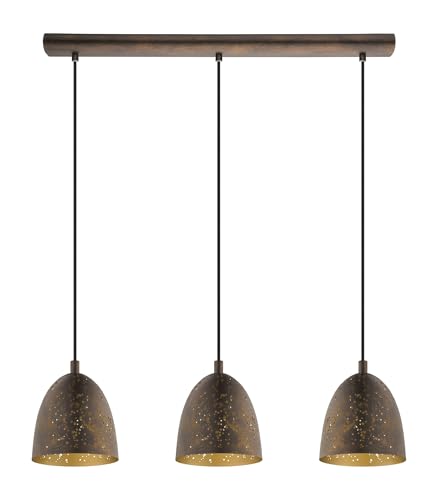 Eglo Safi Vintage Pendant Lamp, Industrial Design 3 Bulbs Ceiling Light, Retro Gold and Brown Steel Hanging Lighting, E27 Socket