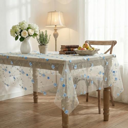 Horaldaily White Floral Rectangle Tablecloth, 60??140 Inch, Blue Flower - Spring Summer Gauze Tablecloth, Seasonal Tulle Table Cover, Garden Party Decor, Resuable,Washable
