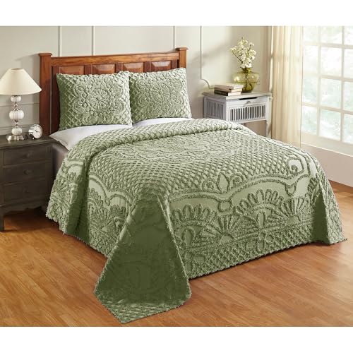 "Better Trends King Size Bedspread 120"" x 110"" Bedding Set 100% Cotton Chenille, Soft Lightweight All Season Coverlet Bed Spreads, 2 Standard Sham, Sage Medallion Bedspreads"