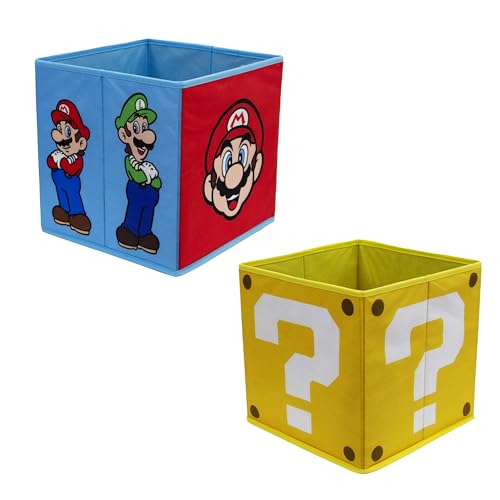 Nintendo Super Mario Officially Licensed Storage Boxes - 2 pack Foldable Storage Cubes Faces Design with Mario and Luigi - Perfect For Organising Children's Room, Kids Playroom, 30 x 30cm
