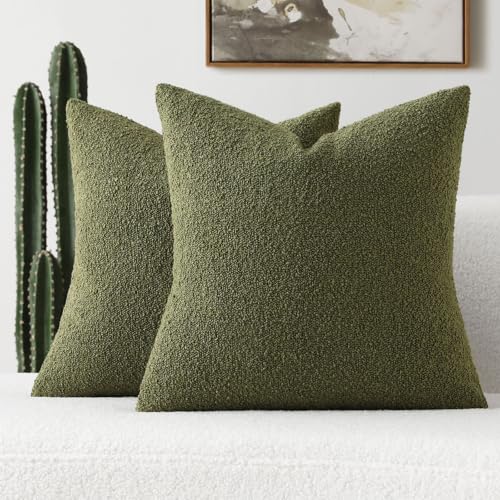FUTEI Pack of 2 Moss Green Decorative Throw Pillow Covers 20x20 Inch Soft Cozy Solid Boucle Textured Cushion Case,Modern Home Decor for Couch Bed Living Room