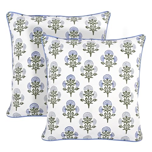 "Ridhi Block Print Mughal Buta Blue Pillow Cover 20"" x 20"" (Pack of 2) Decorative Couch Pillows for Living Room, Farmhouse Chic Boho Cute Outdoor Pillows Covers Gifts for Spring, Mother's Day"