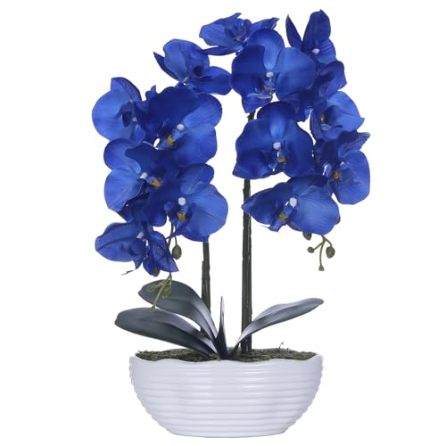 YSZL Large Artificial Potted Orchid Plant, Silk Flower Arrangement with Ceramics Vase, Navy Blue