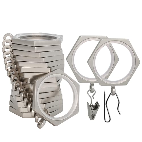 "BlastHome?? Luxury Curtain Rings - Premium Metal with Quiet, Smooth Nylon Inserts - Pinhooks and Clips Included - 1 1/2"" Inside Diameter - 18 Pack for Two Curtain - Brushed Nickel"