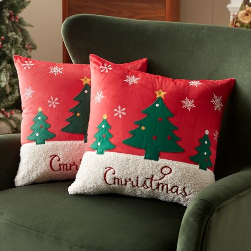 Sonvie Christmas Cushion Covers Set Of 2 with Christmas Tree & Snowflake Decor, Soft Decorative Square Throw Pillow Cover 45x45cm(18x 18 in), Pillows Cases for Bedroom Sofa Couch Decorations