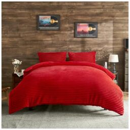 GC GAVENO CAVAILIA Ribbed Fleece Duvet Set With Pillow Cases - Thermal Warm Cozy Winter Bedding Double Duvet Cover Set 200x200 Cm - Hypoallergenic, Washable Polyester Quilt Cover Bed Sets, Red
