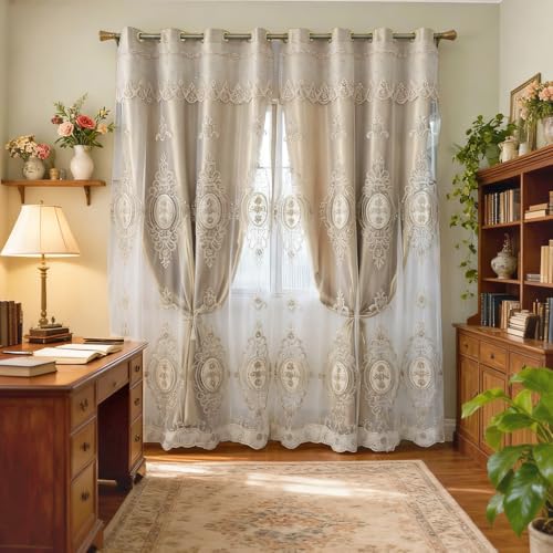 Amidoudou 1 Pair European Double Layer Curtains with Valances for Living Room Bedroom Luxury 3D Flower Embroidered Curtains (Gold,52x102 Inch)