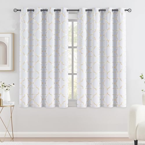 Purainbow Blackout Window Curtain for Bedroom Living Room Moroccan Foil Metallic Print Curtains Darkening Energy Saving Grommet 95% Drapes Patio Hall Studio, 2 Panels, 52'' Wx54 L, White/Gold
