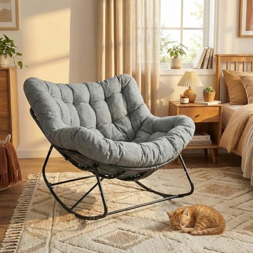 Egg Chair Oversized Rattan Rocking Chair, 110x102x72cm 150kg Load Capacity Wicker Lounger with Waterproof Removable Cushion & Straps, Metal Frame, Indoor Outdoor for Garden Balcony Apartment (Grey)
