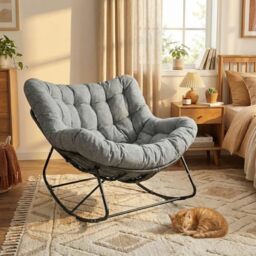 Egg Chair Oversized Rattan Rocking Chair, 110x102x72cm 150kg Load Capacity Wicker Lounger with Waterproof Removable Cushion & Straps, Metal Frame, Indoor Outdoor for Garden Balcony Apartment (Grey)
