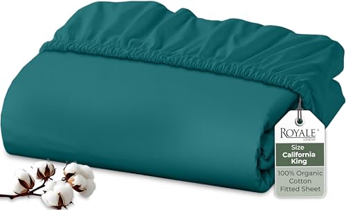 "Royale Linens 100% Organic Cotton Fitted Sheet - Percale Weave - Super Soft Deep Pocket Bottom Sheets - Elastic Sheet King Cal Size - California King Fitted Sheets Only - (72""x84""+15"", Teal)"