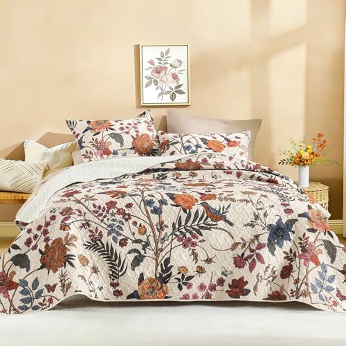 "Litanika Floral Light Beige Quilt Queen - 3Pcs Botanical Birds Bedding Set - Bedspread Summer Lightweight Soft Coverlet with Blue Flower for All Seasons (96""x90"")"