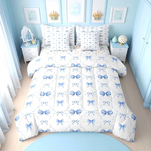 Erosebridal Blue and White Bow Twin Comforter Set with Sheets for Girls - Cute Blue Ribbon Bow Tie Bedding Set 7 Piece for Kids Women, Coquette Bowknot Bed in a Bag, Princess Bows Fitted Flat Sheet