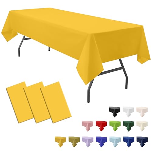 "PartiPallete 3-Pack Premium Plastic Yellow Tablecloth Disposable 54"" x 108"" Rectangle Table Cover Party PEVA Table Cloths for Parties Birthday Wedding Graduation Banquet Fits up to 8 ft Long Tables"