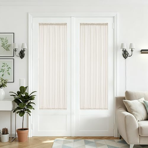 Linen Blended French Door Curtain for Kitchen Doorways Side Door Window 25 x 72 Inches Long Curtains 2 Panels Natural Privacy Protection Semi Sheer Light Filgtering Curtains Beige Rod Pocket