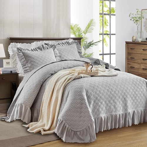 Quilt Bedding Set Twin Size 68 * 86in - 2 Pieces Solid Shabby Chic Farmhouse Ruffles Rustic Coverlet Lightweight Fluffy Summer Oversized Ruffled Bedspread with Shams for Women Men Gray