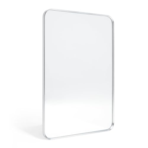 "Minuover Wall Mount Mirror for Bathroom, Brushed Silver Metal Framed Rounded Corner Rectangular Vanity Mirror (24"" x 36"", Silver)"