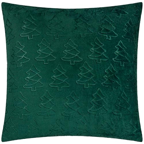 furn. Festive Trees Polyester Filled Cushion – Soft Flannel Fleece Winter Embossed Christmas Decorative Pillow (Emerald - 50x50cm)