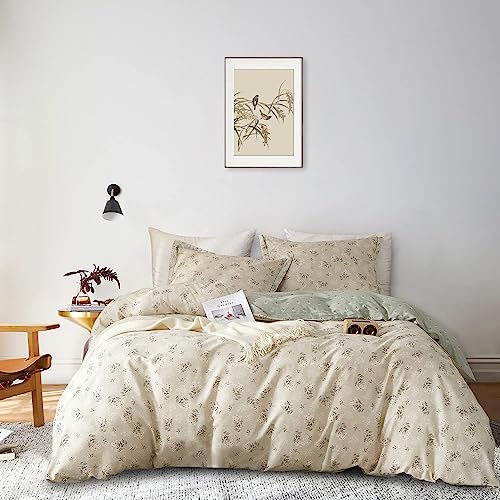 AMWAN Twin XL Duvet Cover Set Boho Floral Cotton Aesthetic Bedding Set Garden Beige Comforter Chic Botanical Zipper 4 Ties