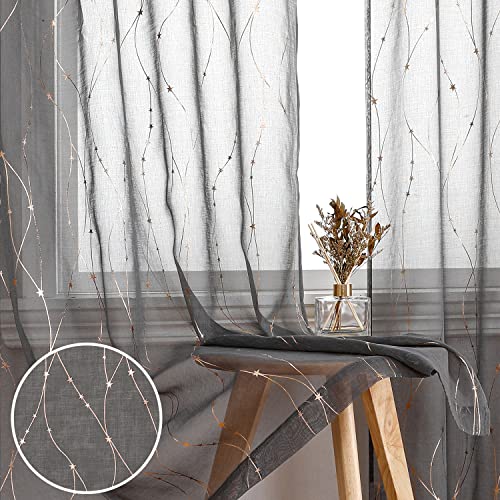 SMILE WEAVER Grey Star Print Sheer Curtains 84 Inch Rod Pocket 2 Panels - Metallic Gold Wave Line, Lightweight Polyester Voile, Light Filtering, Privacy,Living Room Bedroom Kitchen