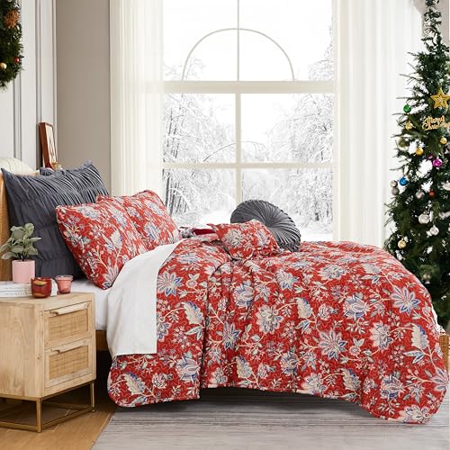 Southshore Fine Living, Inc. Oversized King Quilt Bedding Set 7-Pieces with Quilt, Pillow Shams, Euro Shams, 2 Throw Pillows Boho Bedding Set with King/California Size Quilt, Jacobean Red Bedspread
