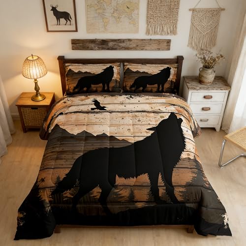 Feelyou Wolf Print Comforter Set Twin for Girls Women Teens Adult, Kids Boys Wildlife Hunting Theme Bedding Set, Western Farmhouse Comforter Soft Quilt Set, with 1 Pillowcase 2Pcs Bedding