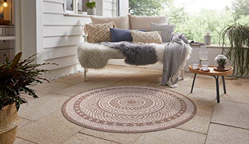 HANSE Home Laos Flat Weave Indoor and Outdoor Rug, Weatherproof, Oriental Boho Design for Balcony, Patio, Garden, Conservatory, Living Room Rug, Waterproof, Beige/Cream, 120 cm Round