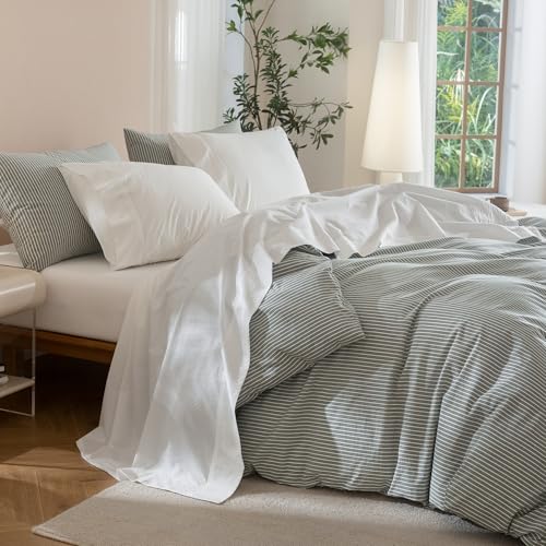 "JIYUAN Full Washed Cotton Sheet Set, 4-Piece, Relaxed Linen Feel - Deep Pocket Fits Mattresses up to 17"". Flat Sheet & 2 Pillowcases. Naturally Soft & Breathable. Machine Washable."