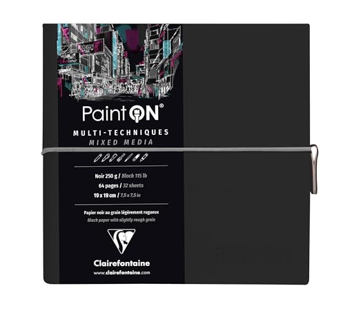 Clairefontaine - Ref 975439C - Paint'On Multi-Technique Sewn Art Book (32 Sheets) - 19 x 19cm, 250gsm Heavyweight Paper, Acid Free - Black Pages / Black Cover