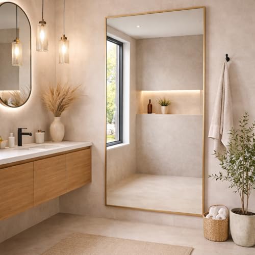 Bathroom Full Length Gold Mirror 174 x 85cm ??? Large Wall Mounted Aluminium Mirror ??? Modern Rectangular Portrait or Landscape Mirror