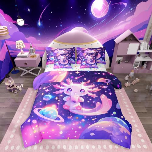 Feelyou Kids Cute Axolotl Comforter Set with Sheets Full Size, Galaxy Planet Space 7 Pieces Bedding Set Boys Girls Cartoon Animal Bed in A Bag Dreamy Starry Teens Bed Set Bedroom Decor 7Pcs
