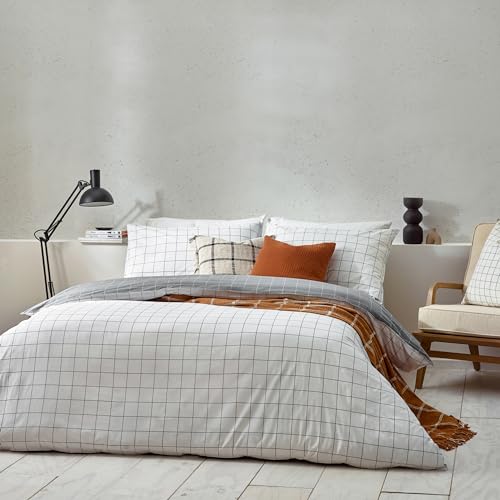 furn. Yard Howarth Check Duvet Cover Set - Reversible Cotton Bedding (White/Black - King)