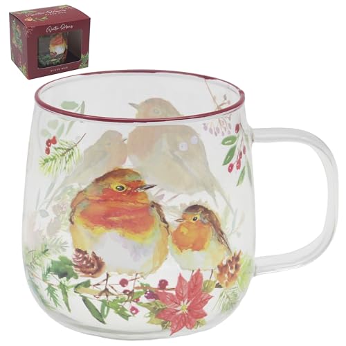 The Leonardo Collection Christmas Winter Robins Glass Mug 500ml - By JR, Glassware, Hot & Cold Drinks, Home & Office, Durable, Easy-To-Hold